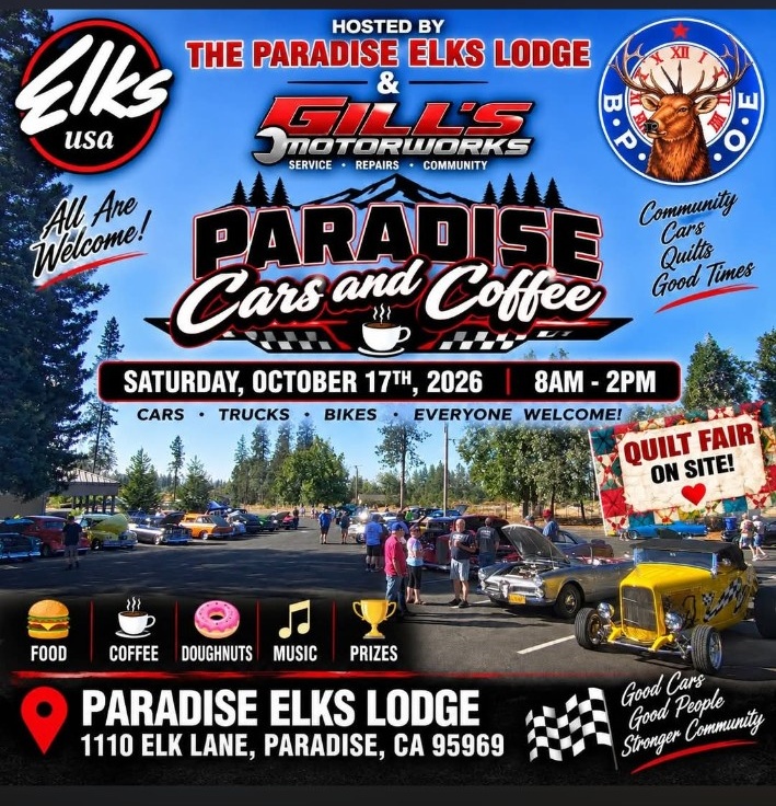 Paradise Cars & Coffee — Elks Lodge & Gill’s Motorworks event flyer