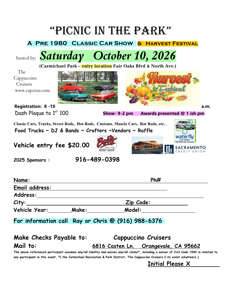Picnic in the Park — Classic Car Show & Harvest Festival event flyer