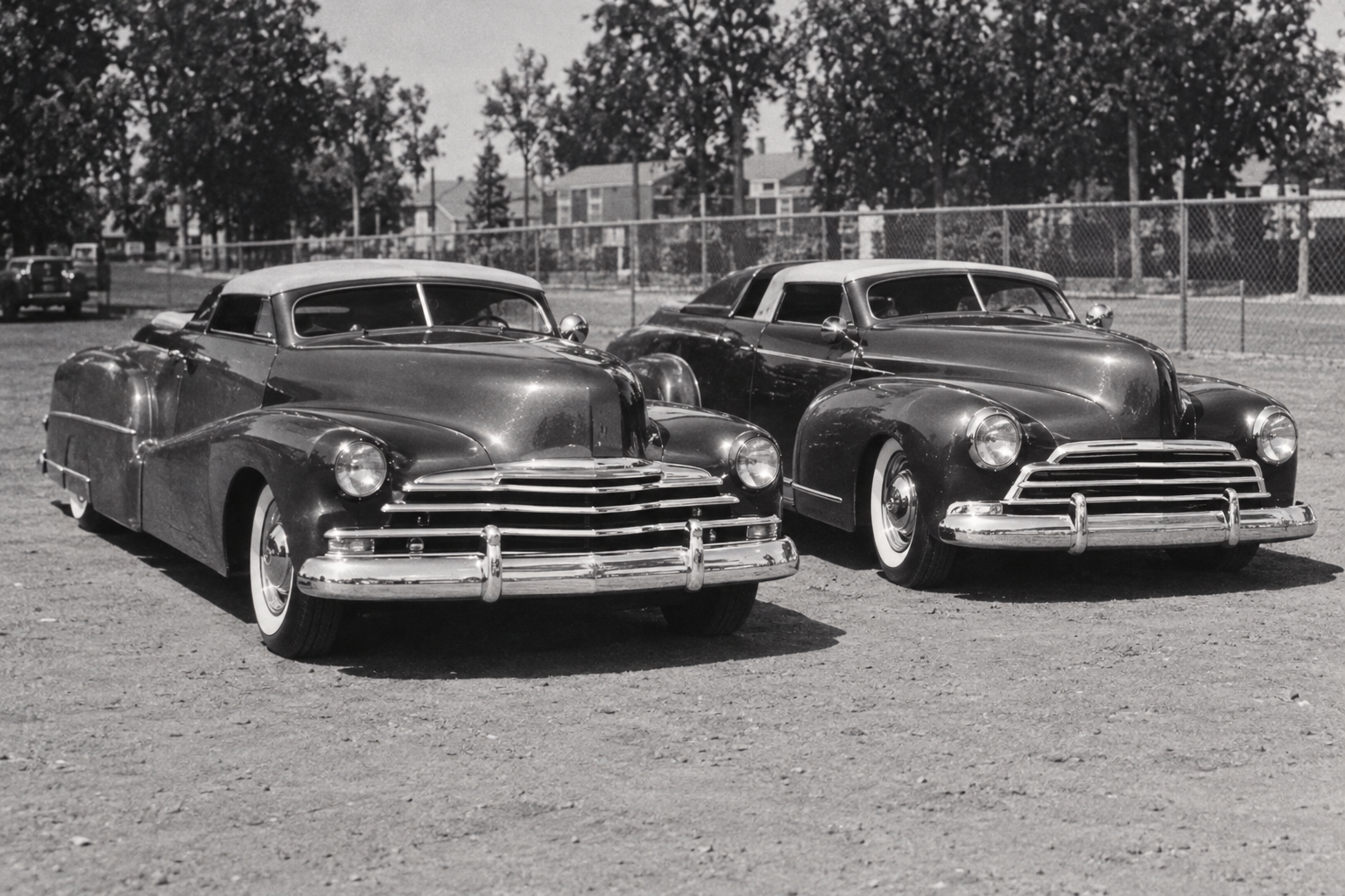 Jerry Fassett’s Chevrolet beside Buddy Ohanesian’s Mercury on September 29, 1948. The Mercury is shown in its earlier padded-top configuration.